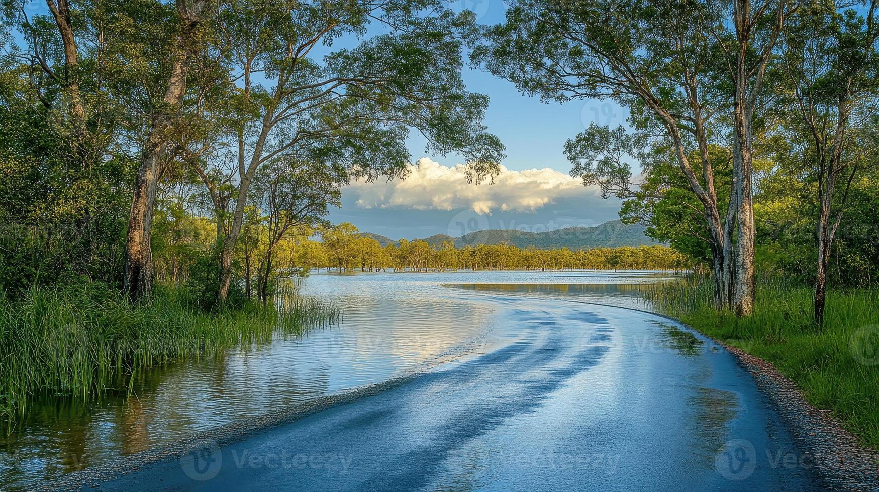 A serene waterway lined with trees, reflecting the sky and creating a tranquil landscape photo