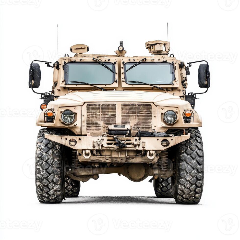 A front view of a military vehicle designed for transport and protection photo