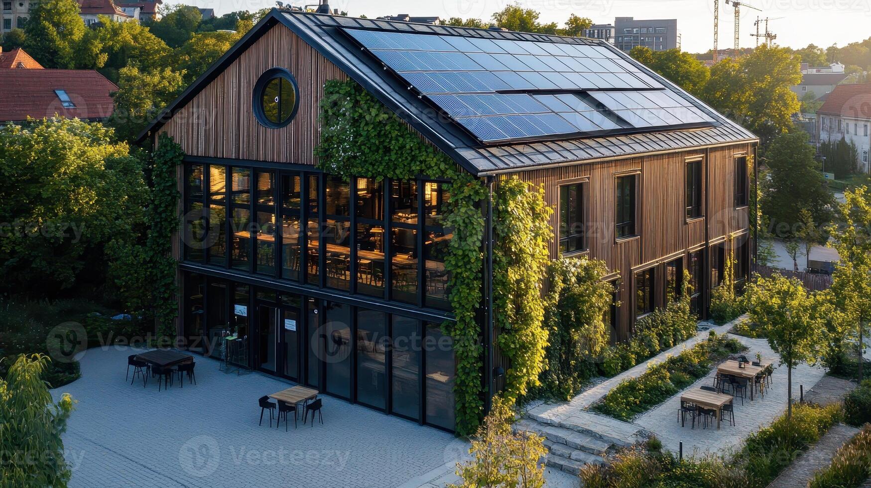 Modern eco-friendly building with solar panels and greenery photo