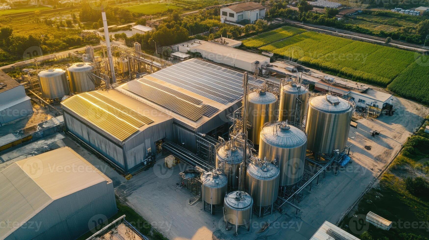 Aerial view of an industrial facility with large silos and surrounding greenery photo
