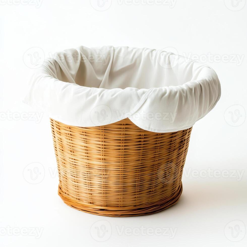 A woven basket with a white cloth lining, suitable for storage or decoration photo
