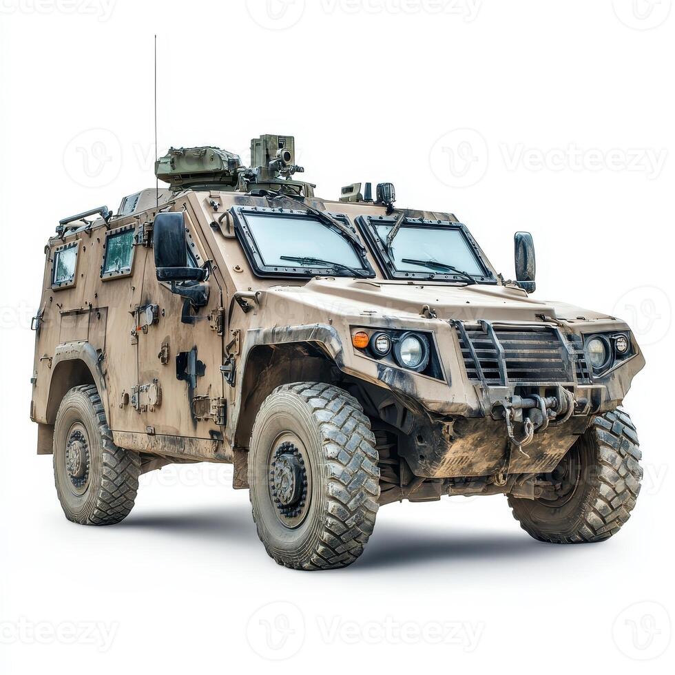 A rugged military vehicle designed for transport and protection in challenging environments photo