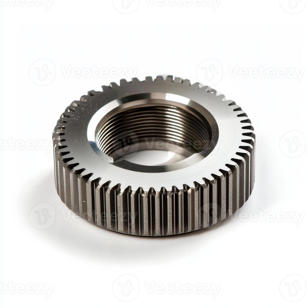 A metallic gear with internal threading, likely used in machinery or mechanical applications photo