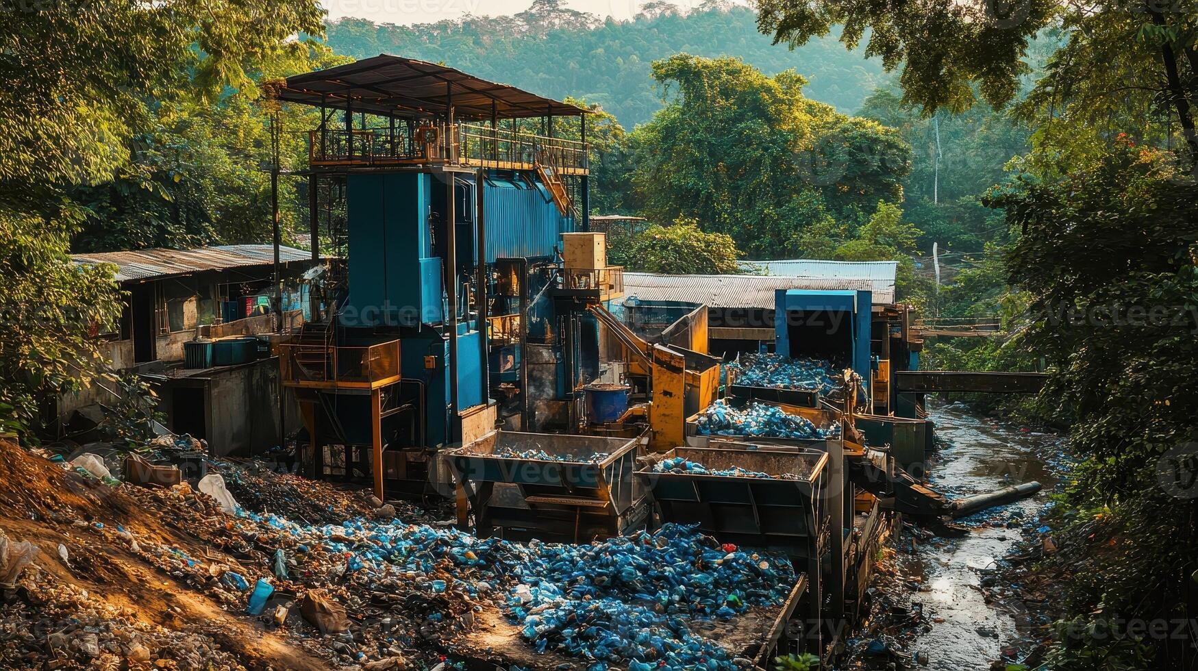 A waste processing facility surrounded by lush greenery, showcasing recycling efforts photo