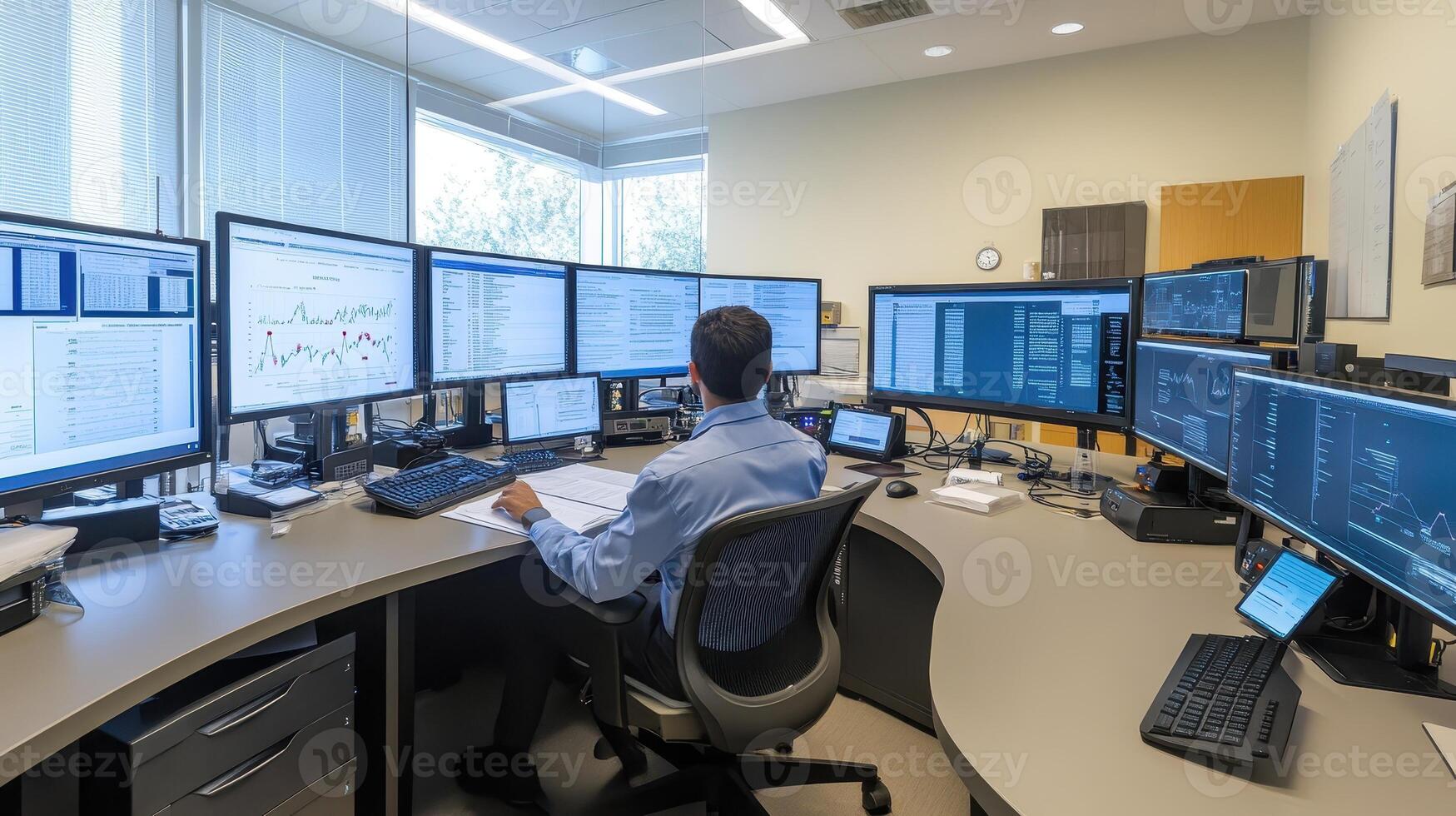 A person working at a multi-monitor setup in a modern office environment photo