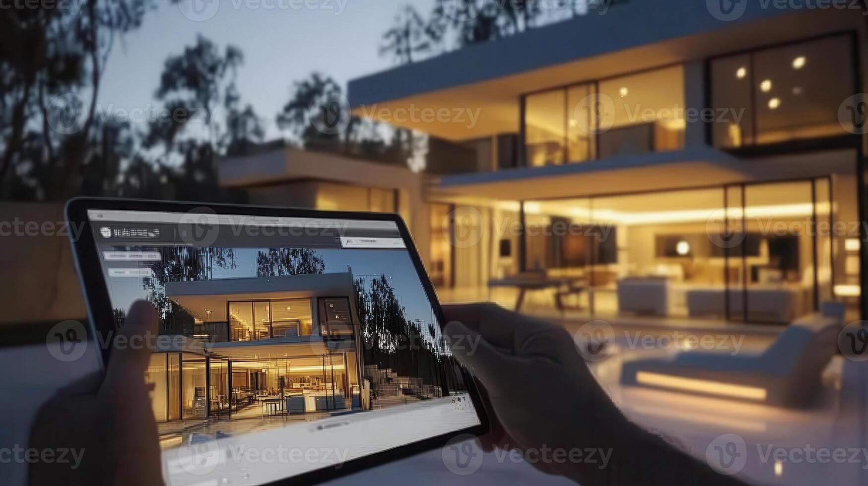 A person using a tablet to visualize a modern house design at dusk photo