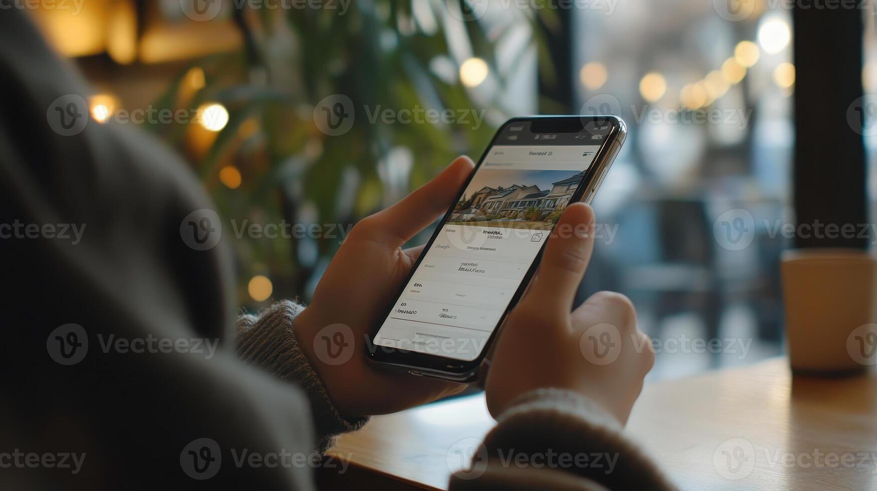 A person holding a smartphone, browsing a travel or accommodation app in a cozy caf photo