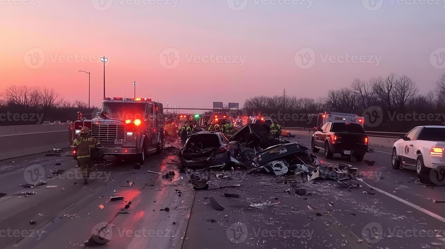 Emergency responders at a serious highway accident scene during twilight photo
