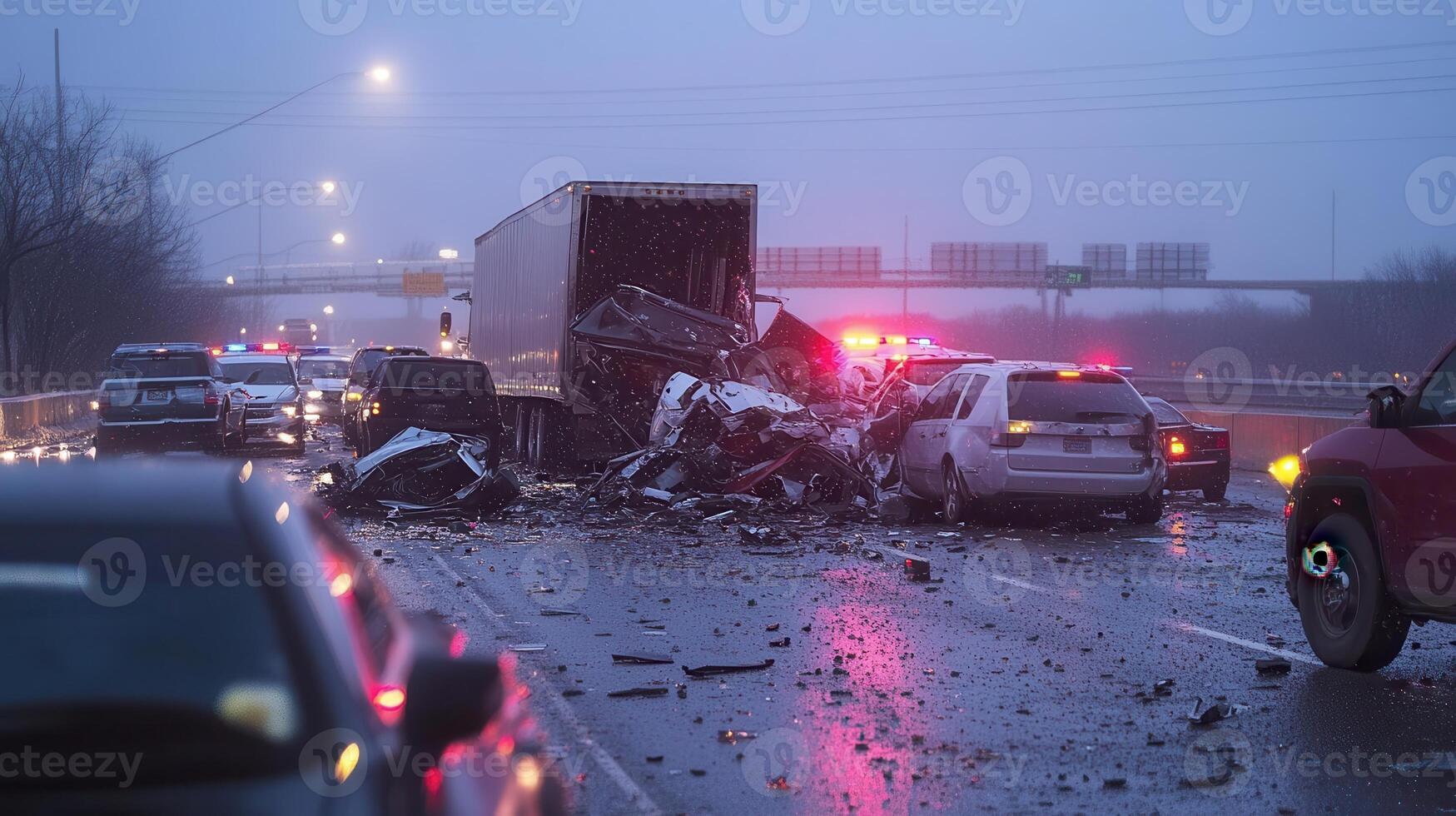 A serious multi-vehicle accident on a highway, with emergency response vehicles present photo