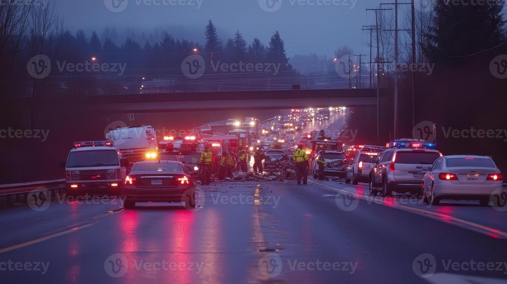 Emergency response scene on a highway with vehicles and personnel amid low light conditions photo