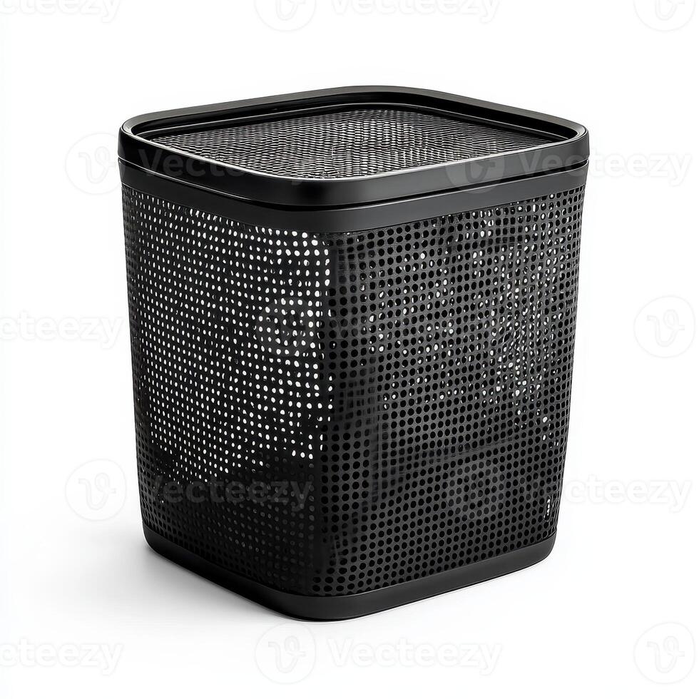 A black mesh wastebasket designed for organizing and disposing of trash photo