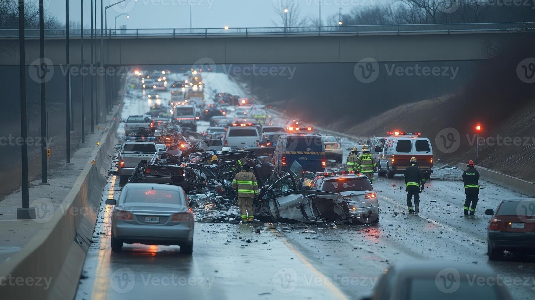 A multi-vehicle accident on a highway with emergency responders at the scene photo