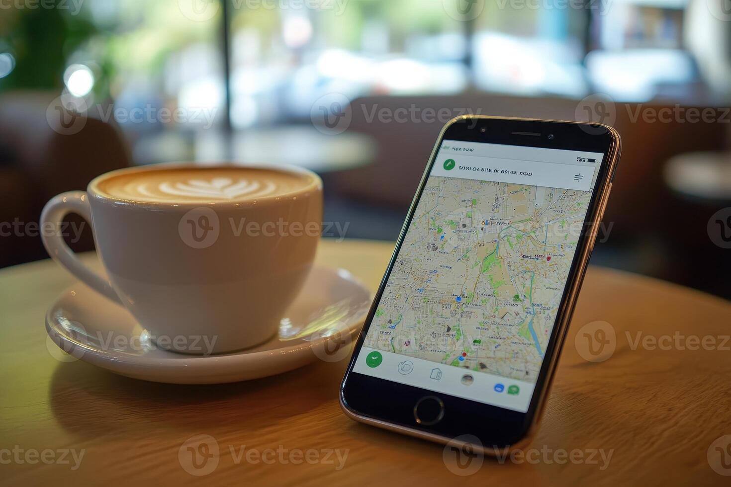 A coffee cup beside a smartphone displaying a map in a cozy caf setting photo