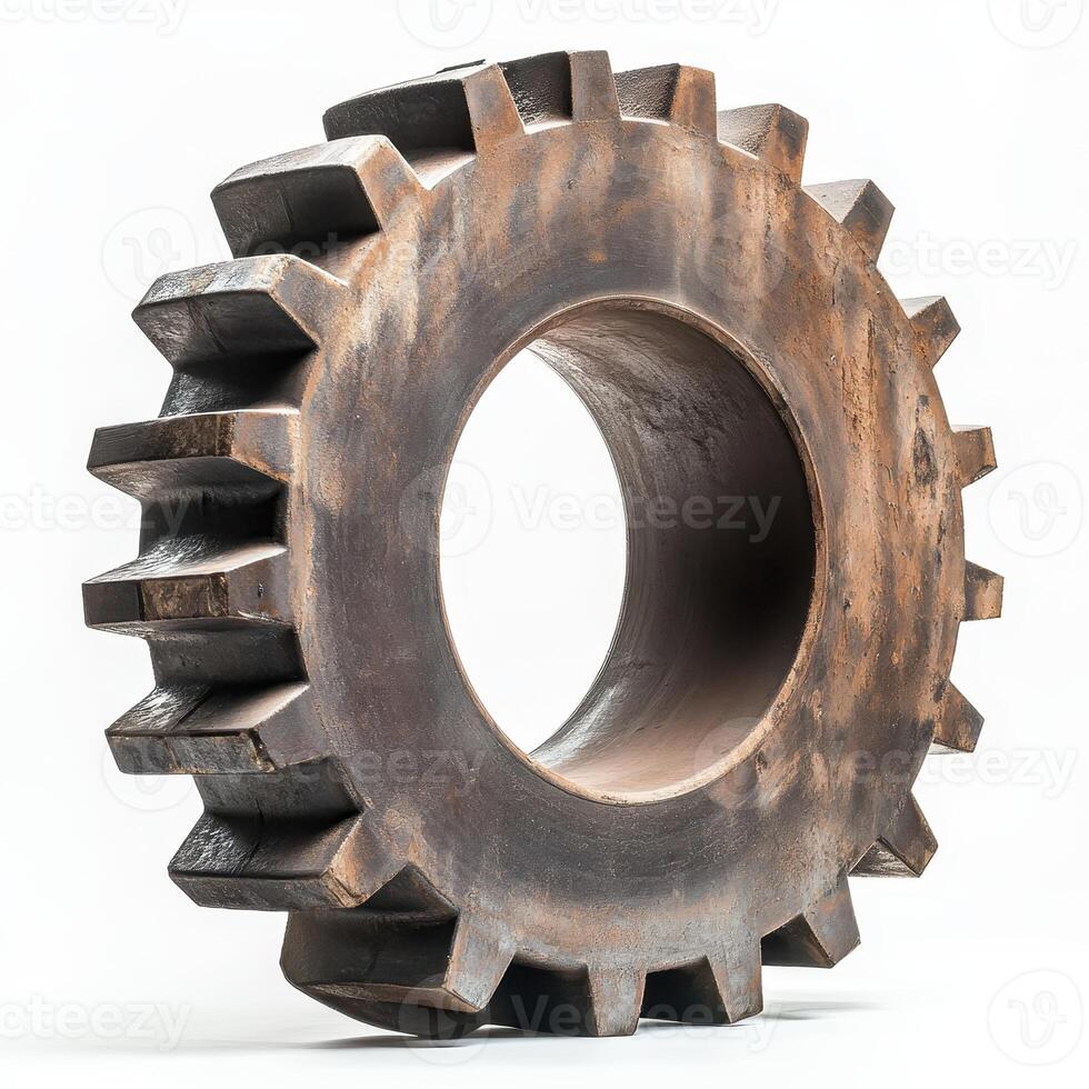 A large, industrial gear with a rugged texture and circular hole in the center photo