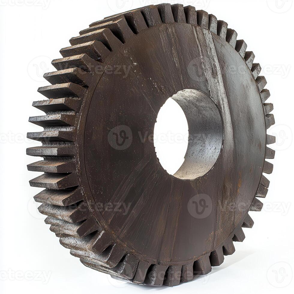 A large industrial gear with teeth and a central hole, used in machinery for power transmission photo