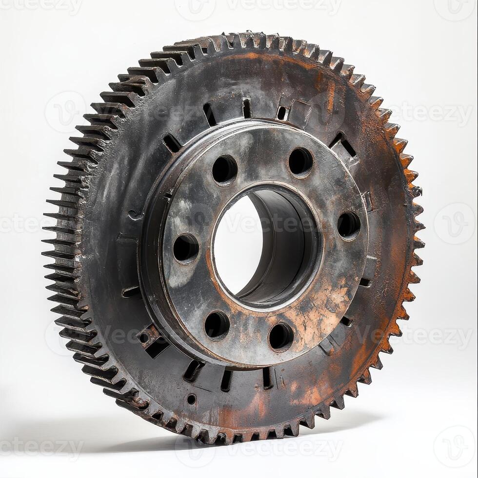A large, industrial gear with a central hole and multiple holes around its circumference photo