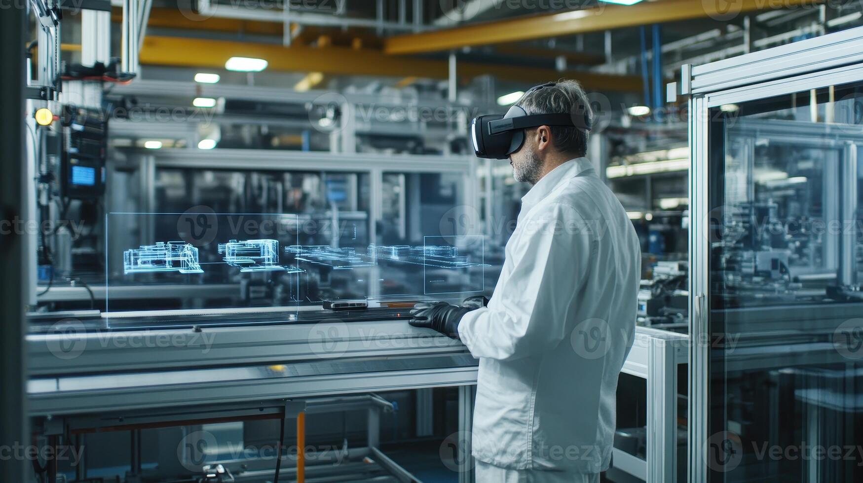 A technician uses virtual reality in an industrial setting for design and analysis photo