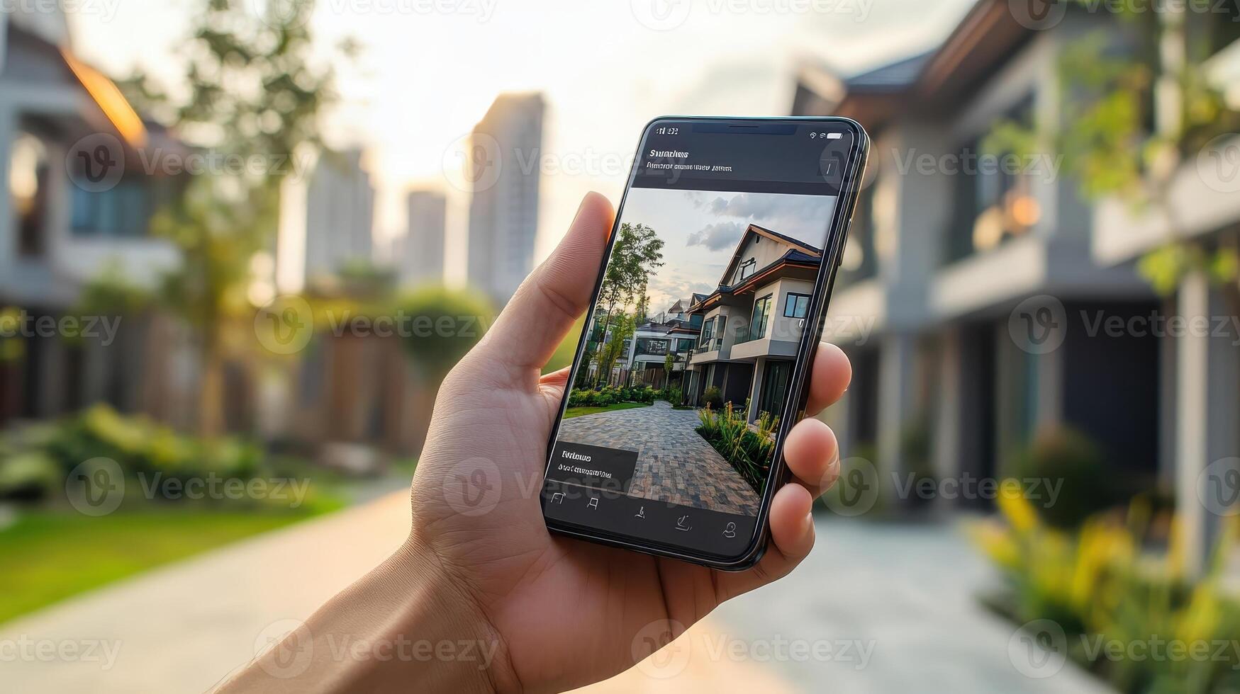A person holds a smartphone displaying a modern house photo amidst urban greenery