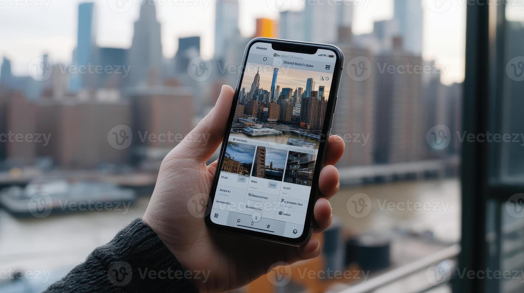 A person holds a smartphone displaying a cityscape image with skyscrapers and a river photo