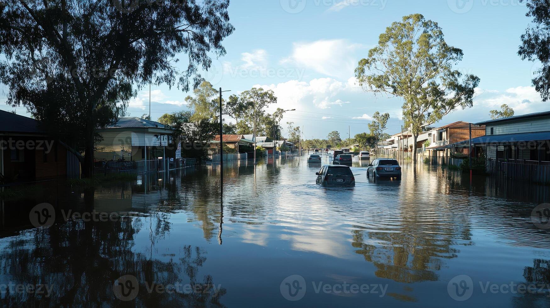 A flooded street with vehicles navigating through high water under a clear sky photo
