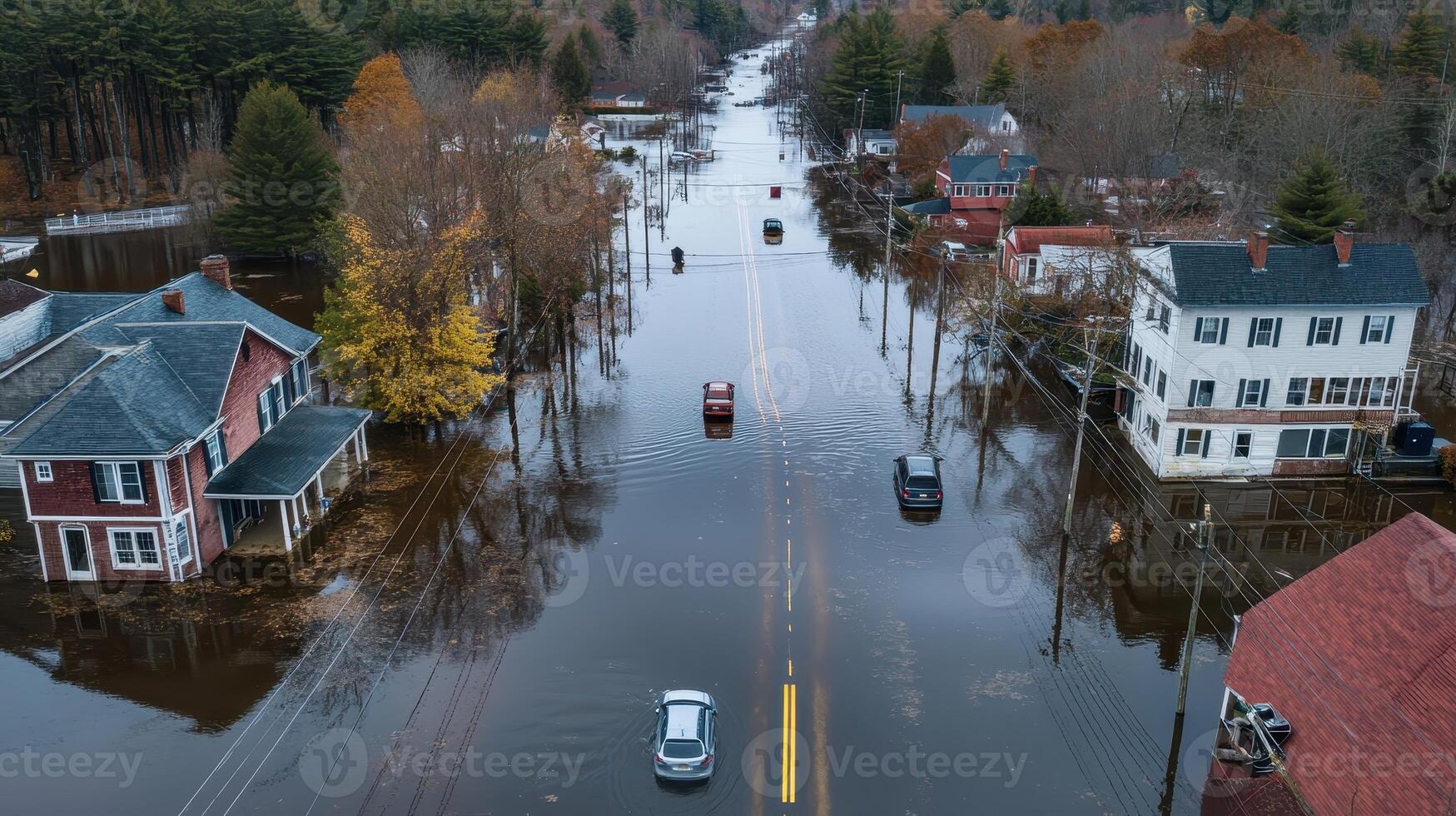 Aerial view of a flooded street with submerged vehicles and surrounding homes photo