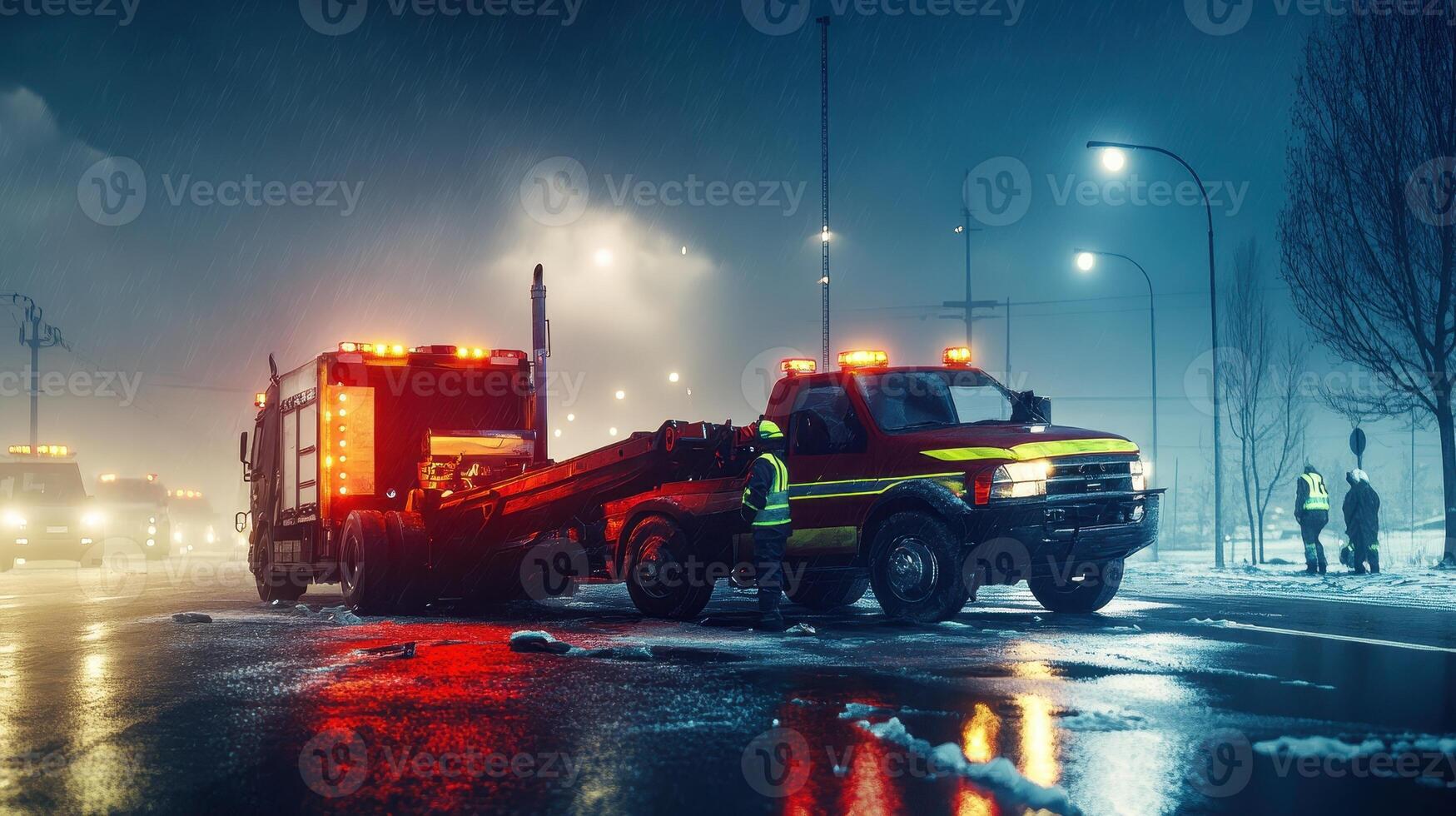 Emergency response scene with tow trucks at night in snowy conditions photo