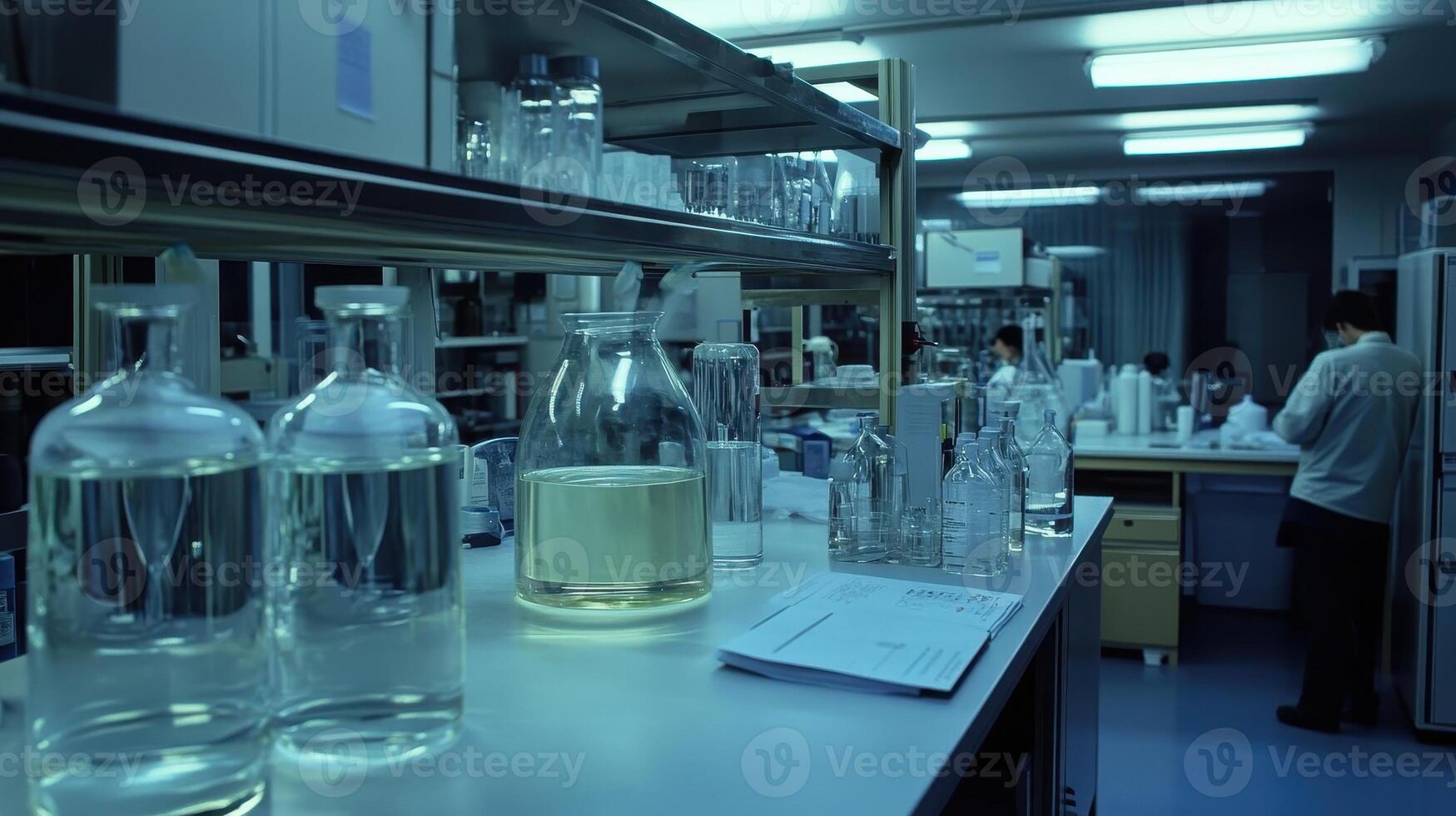 A laboratory scene with glassware and a researcher working in a scientific environment photo