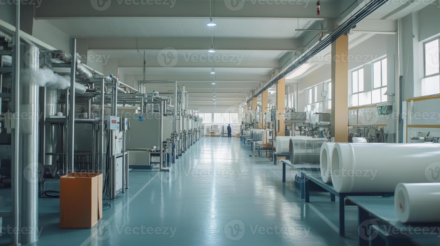 A spacious industrial facility with machinery and production materials photo