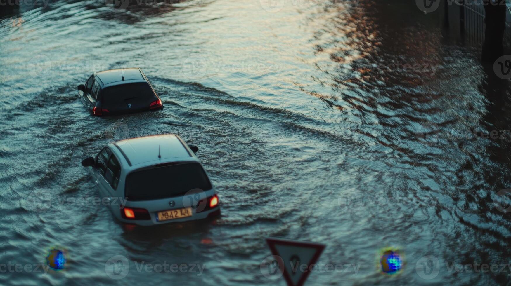 Two cars navigating through a flooded street, illustrating the impact of heavy rainfall photo