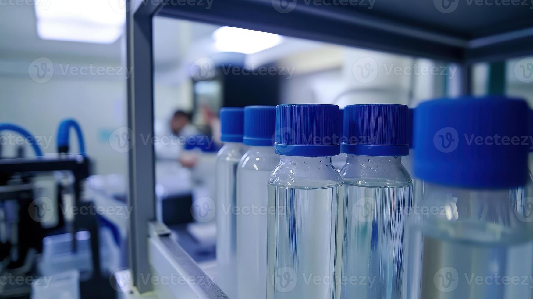 A laboratory setting with bottles of clear liquid, suggesting scientific research or experimentation photo
