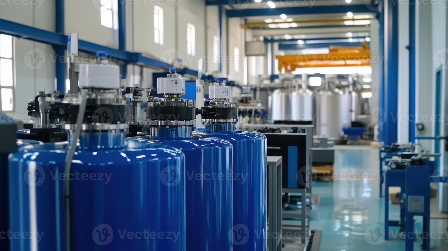 Industrial facility featuring blue tanks and machinery for processing or storage photo