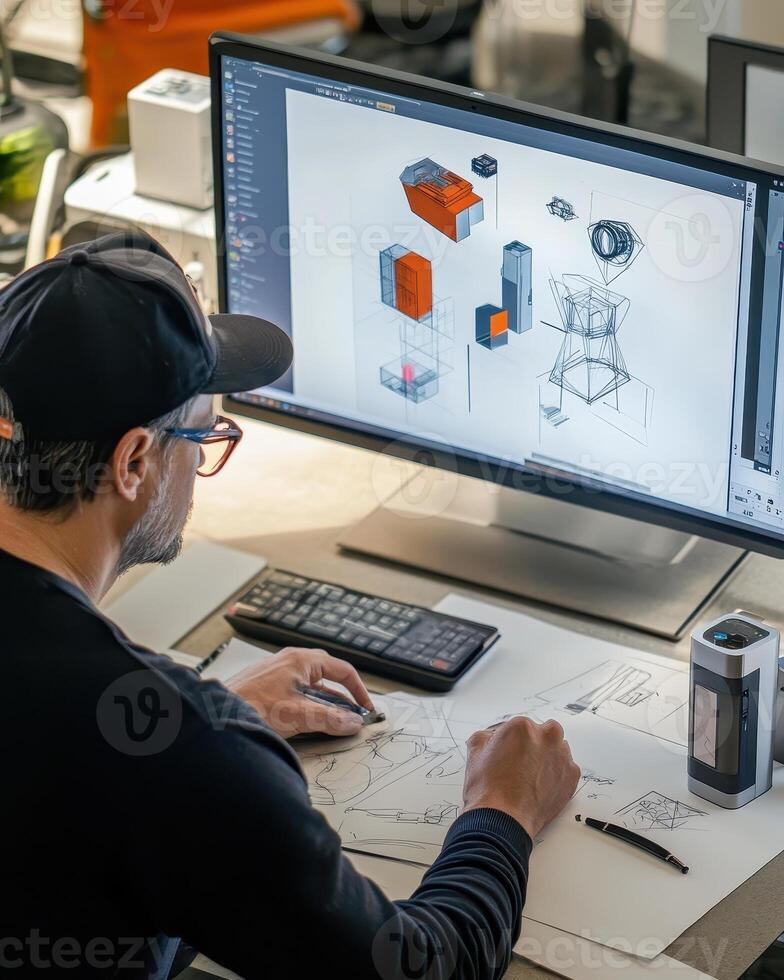 A designer sketches and works on 3D models at a computer in a creative workspace photo