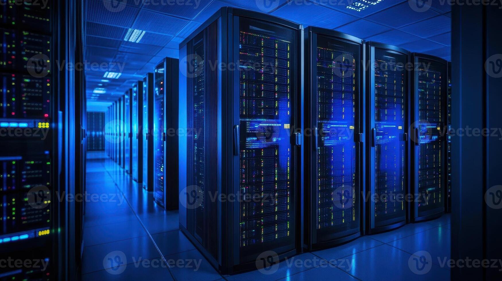A dimly lit server room filled with high-tech data servers photo