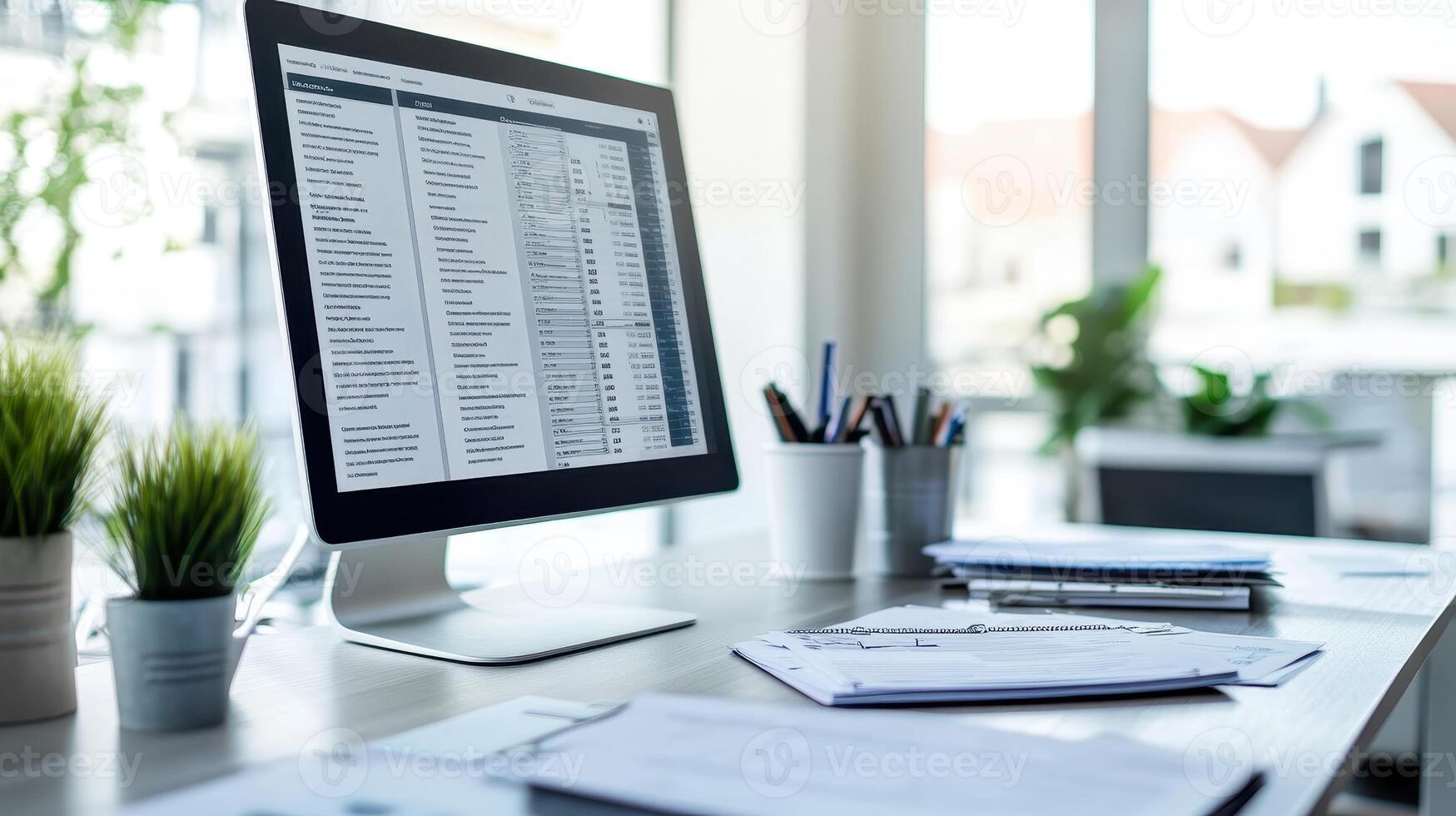 A modern office workspace featuring a computer and organized documents photo