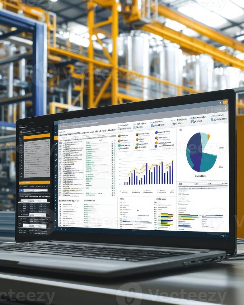 A laptop displaying data analytics in an industrial setting photo