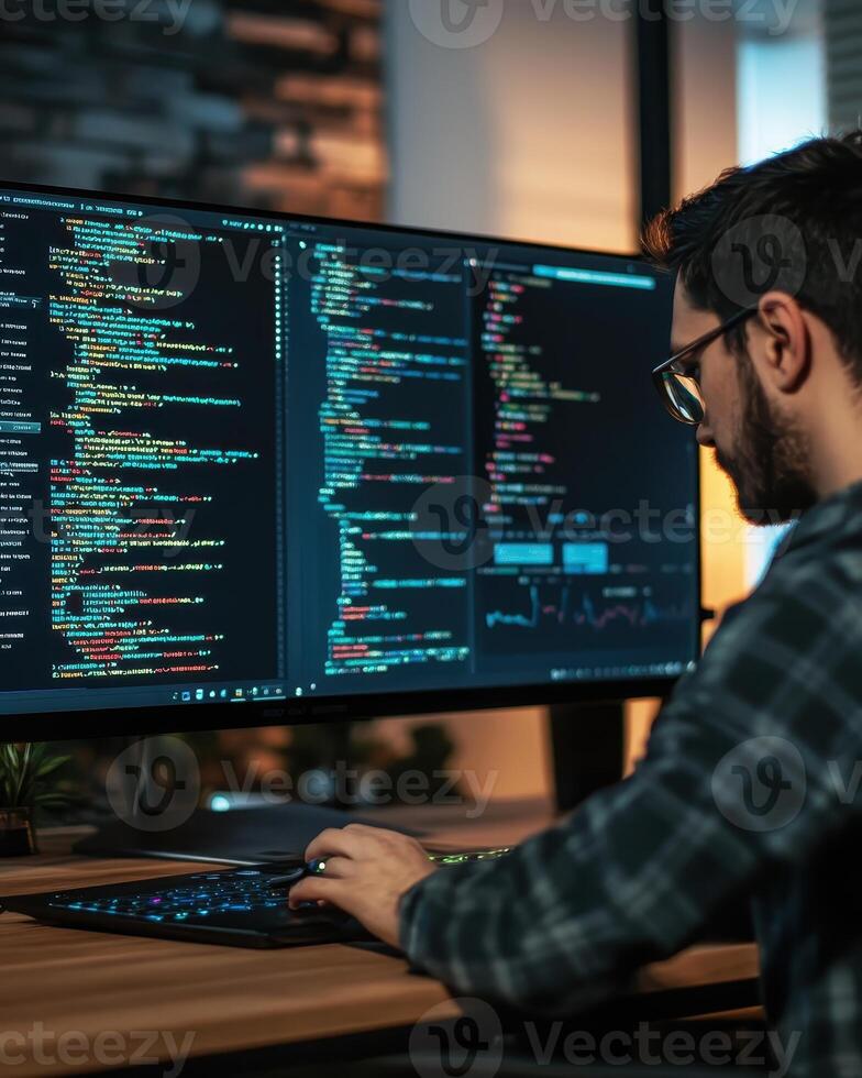 A programmer coding on dual monitors in a modern workspace photo