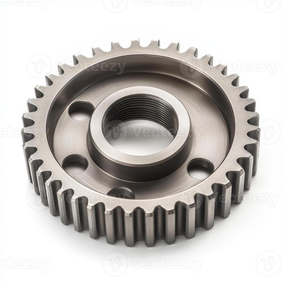 A metallic gear with teeth and a central hole, used in machinery for power transmission photo