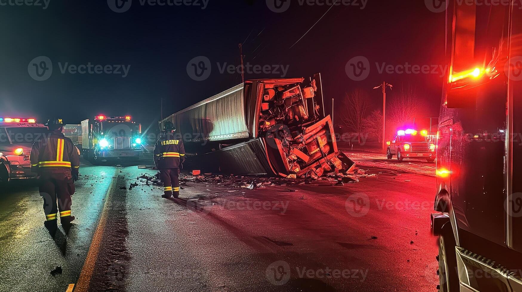 Emergency responders at a truck accident scene during nighttime photo