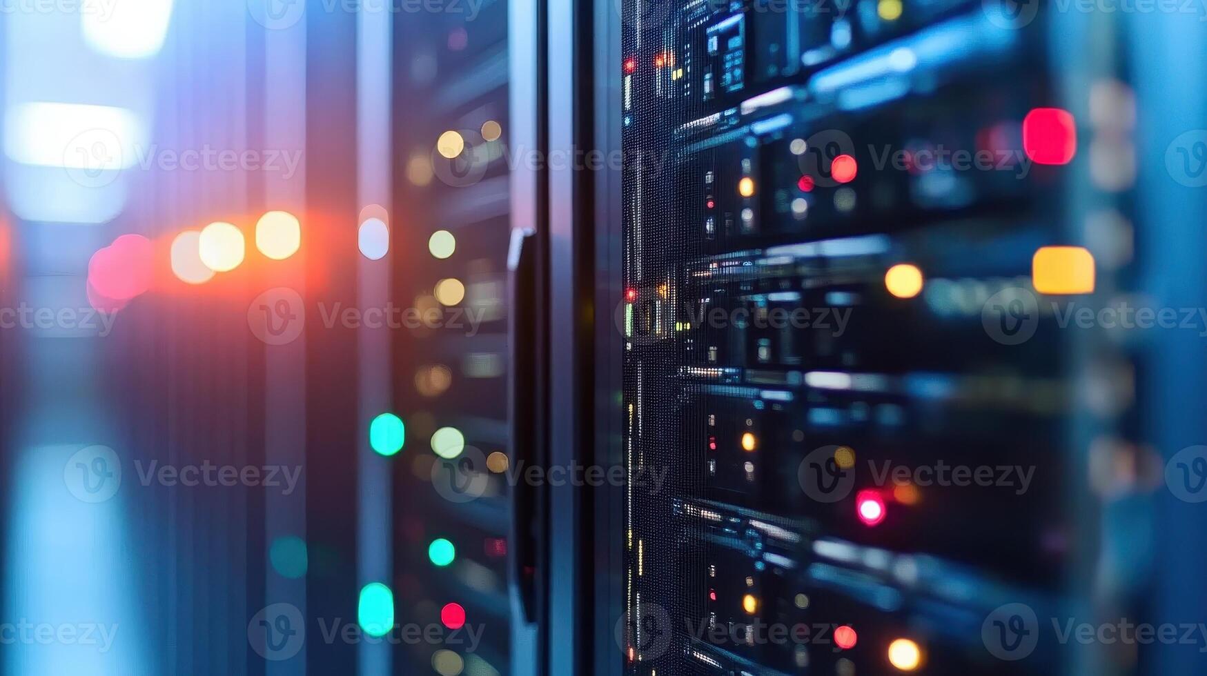 A close-up view of server racks in a data center, showcasing lights and technology photo