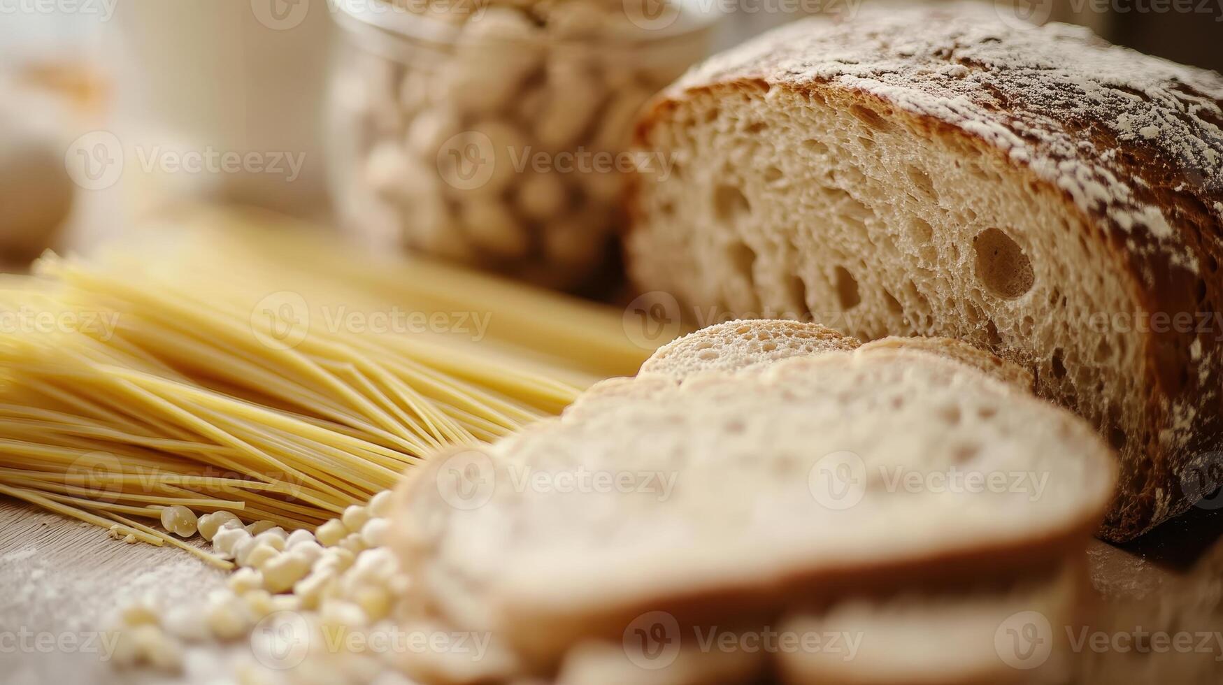 An assortment of food items including bread, pasta, and grains on a wooden surface photo