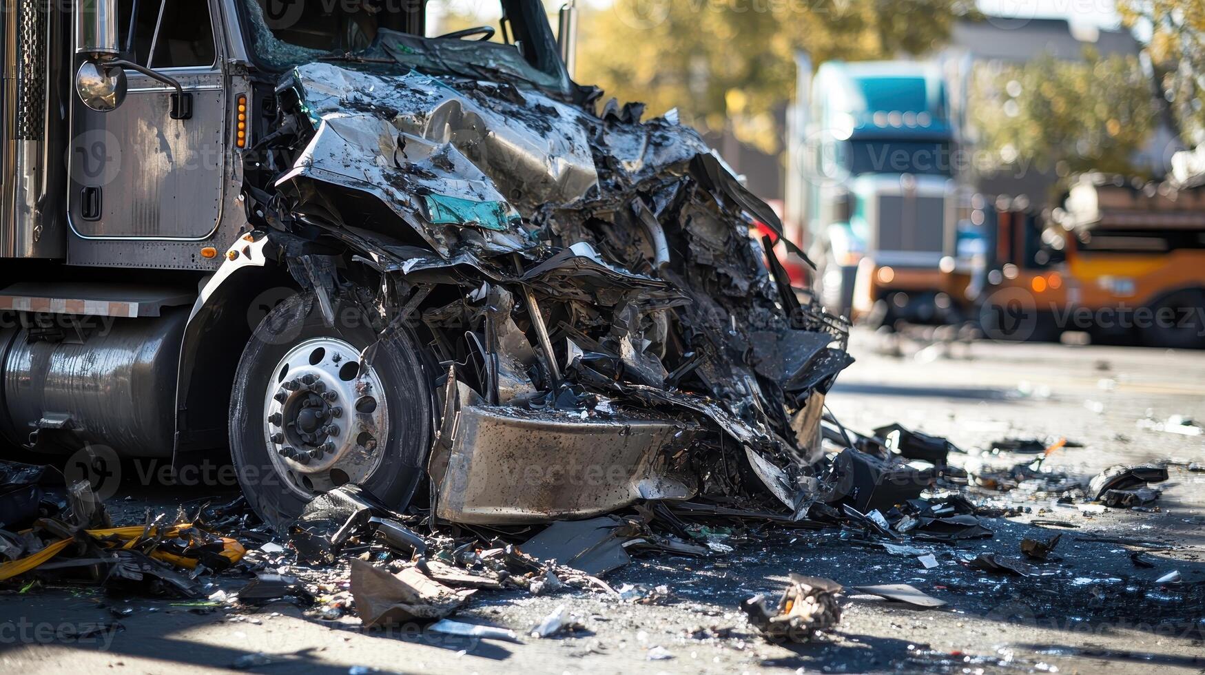 A severely damaged truck after a collision, showcasing the aftermath of a traffic accident photo