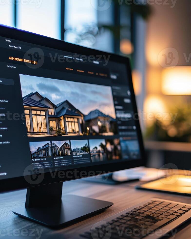 A computer displaying a portfolio of architectural photographs in a modern workspace photo