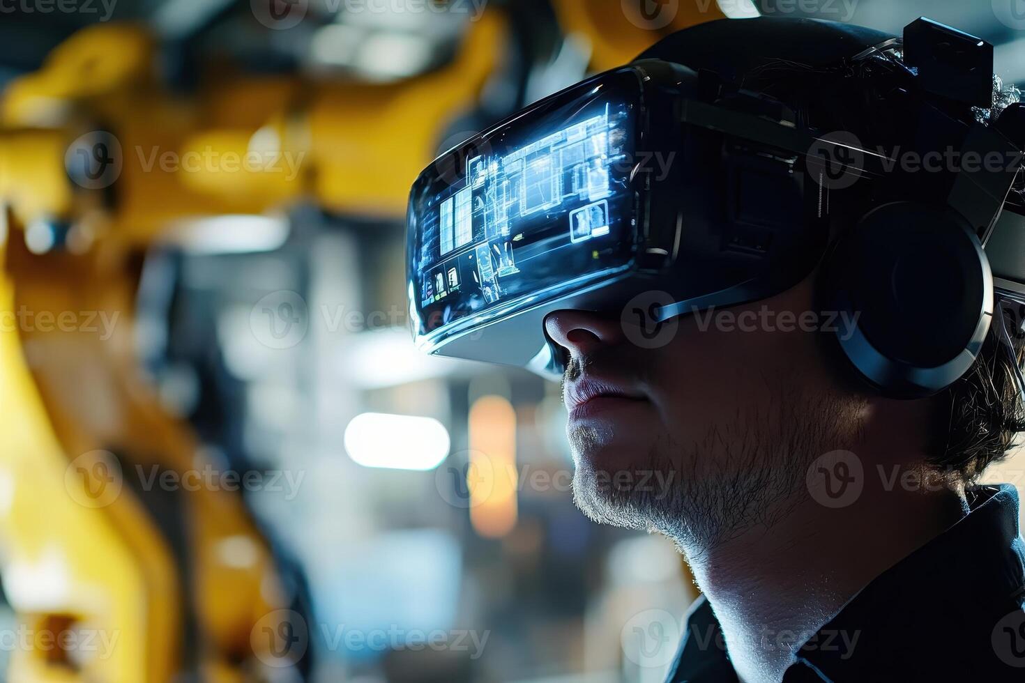 A person wearing a virtual reality headset in an industrial setting with robotic machinery photo