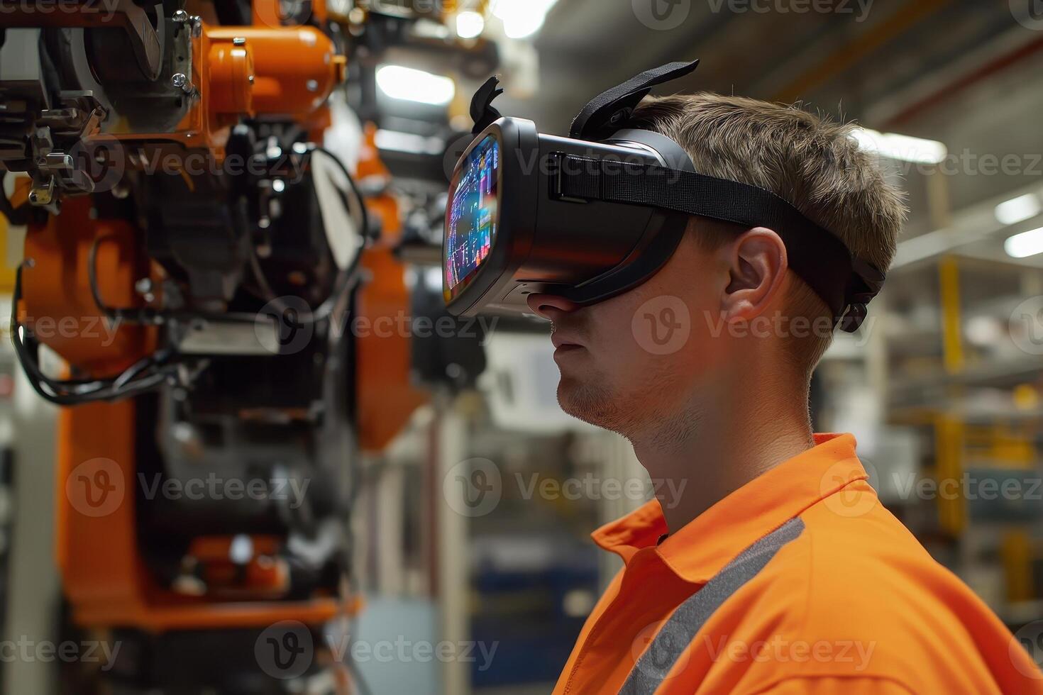A person using virtual reality in an industrial setting, interacting with machinery photo