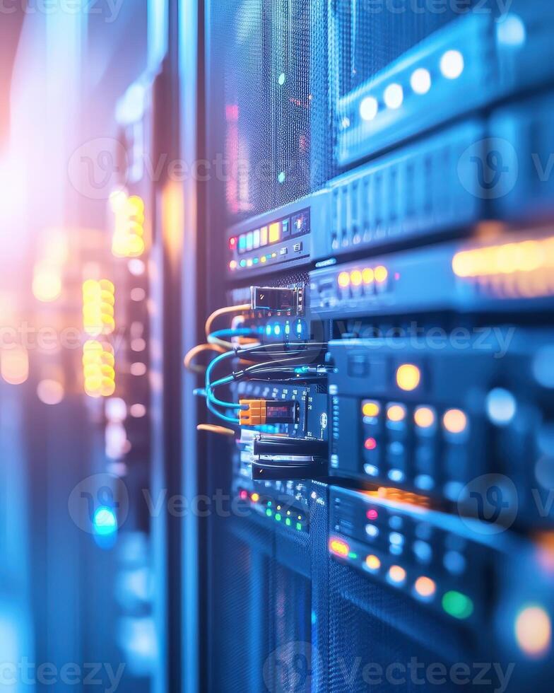Close-up of server racks with illuminated indicators and connected cables in a data center photo