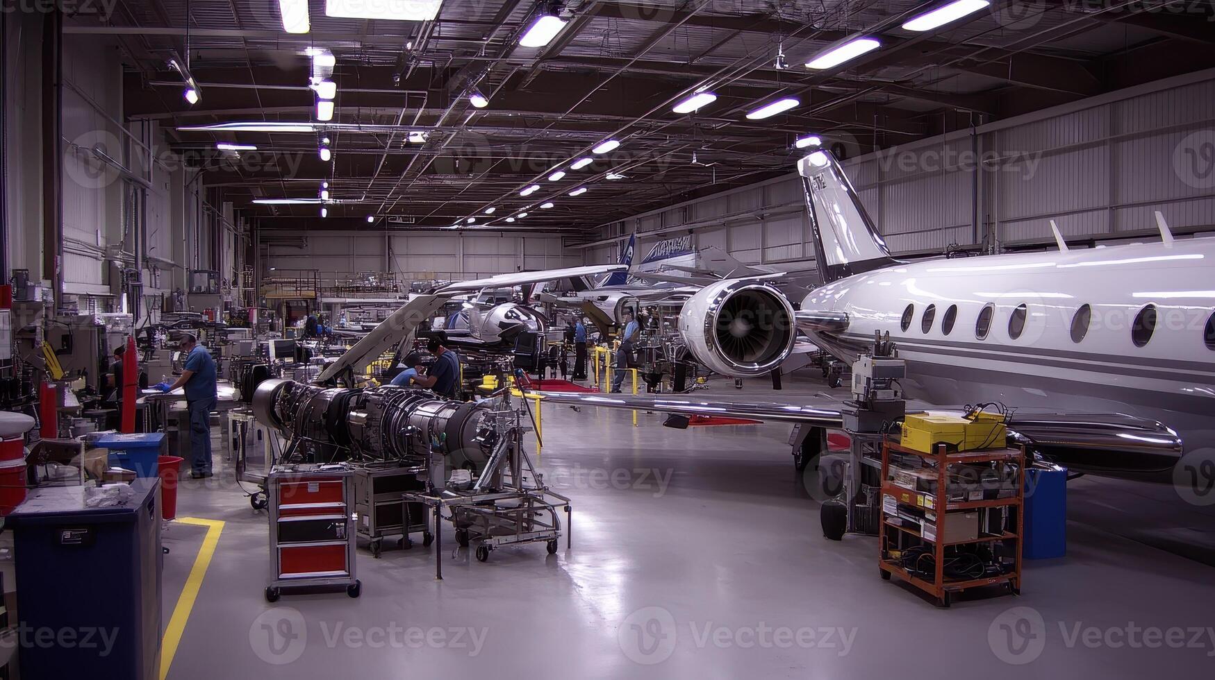 A busy aircraft maintenance facility with technicians working on jets and engines photo