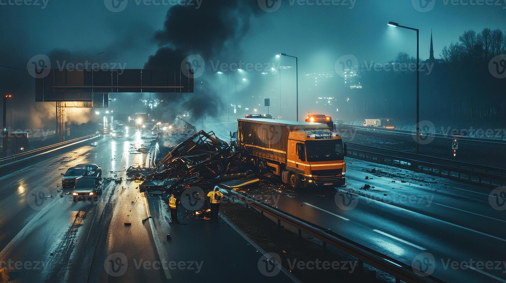 A night scene of a serious truck accident on a highway with emergency responders present photo
