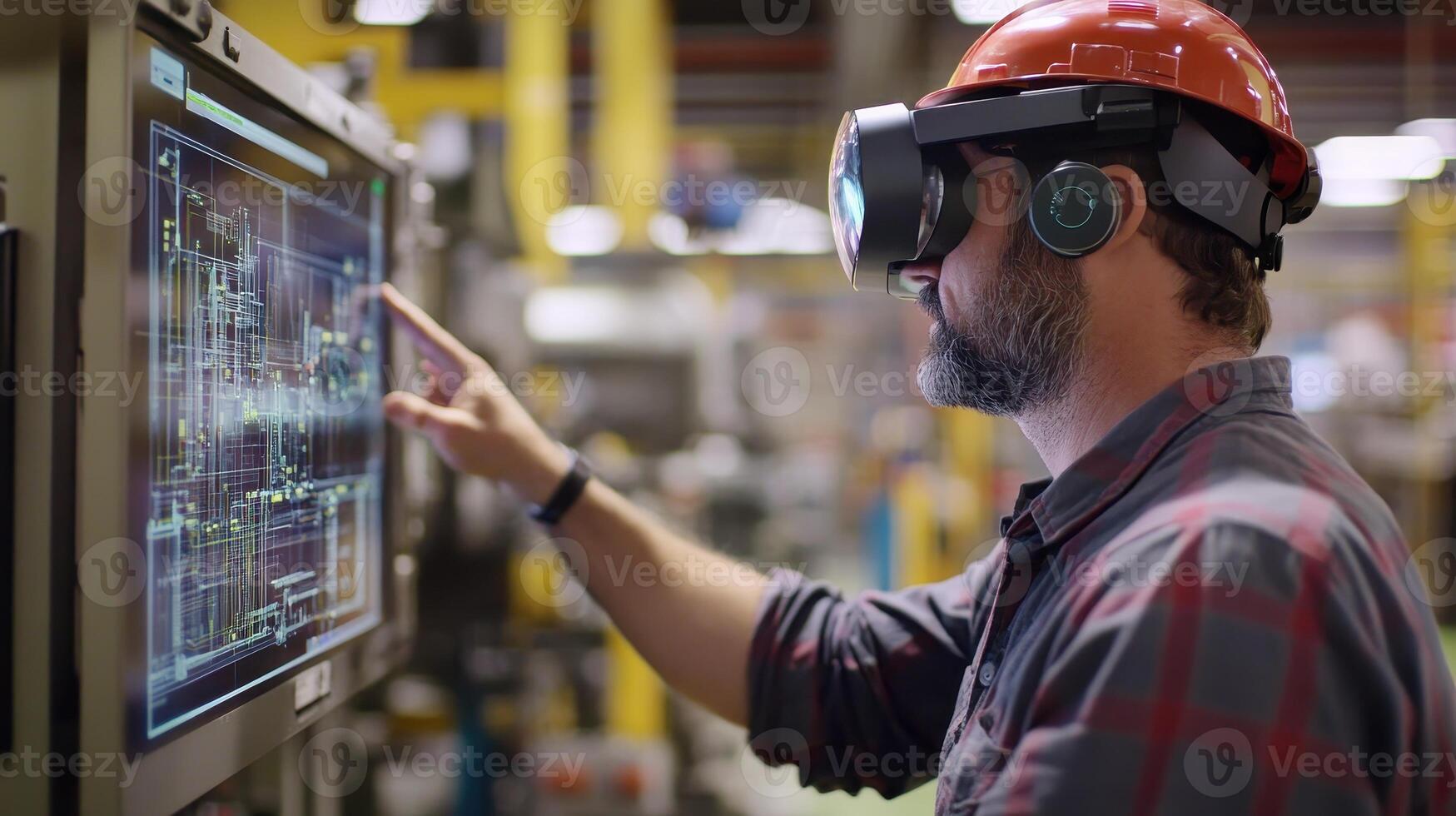 A worker using virtual reality technology to interact with industrial schematics photo