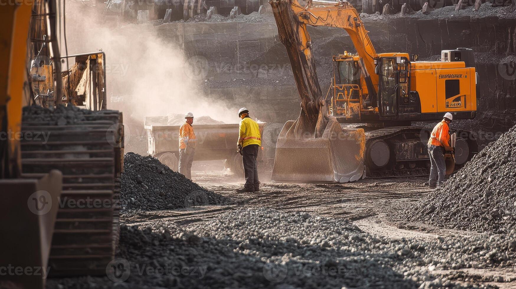 Construction site with machinery and workers managing heavy materials in a dusty environment photo
