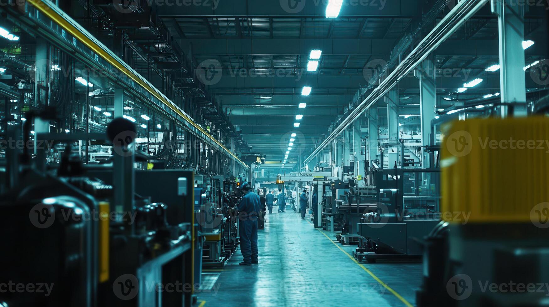 A spacious industrial factory floor with machinery and workers engaged in production photo